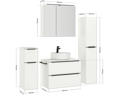 Ensemble de salle de bains avec lavabo, meuble sous-vasque, armoire de toilette et armoire haute avec dimensions