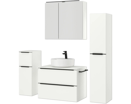 Ensemble de salle de bains avec meuble-lavabo, lavabo, armoire de toilette et armoire haute