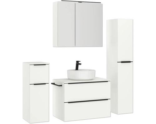 Ensemble de salle de bains avec meuble-lavabo, vasque à poser, armoire de toilette et armoire haute pour un design de salle de bains moderne