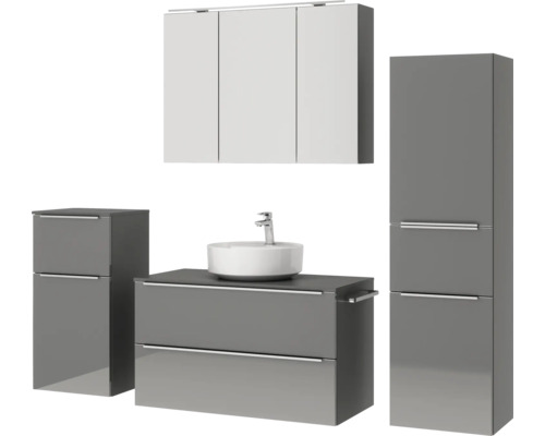 Badezimmerensemble mit Waschtisch, Aufsatzwaschbecken, Spiegelschrank und Hochschrank