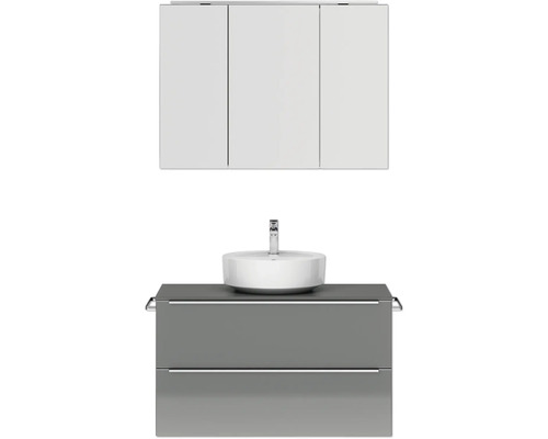 Set de meubles de salle de bains NOBILIA Programm 3 lxhxp 101 x 169,1 x 48,7 cm couleur de façade gris haute brillance avec vasque à poser et armoire de toilette à 3 portes avec éclairage LED barre de prise chrome mat 452