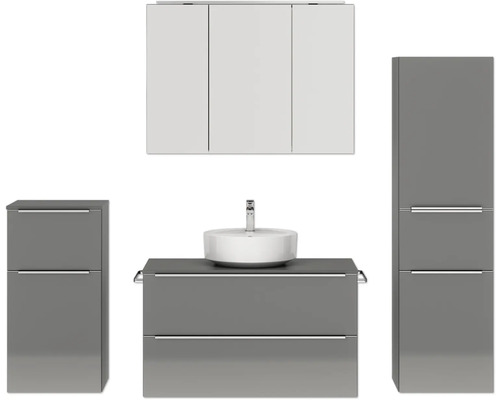 Set de meubles de salle de bains NOBILIA Programm 3 lxhxp 210 x 169,1 x 48,7 cm couleur de façade gris haute brillance avec vasque à poser et armoire de toilette à 3 portes avec éclairage LED meuble bas armoire midi poignée barre chrome mat 476