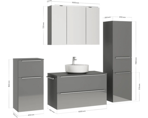 Abbildung eines Badezimmersets mit Waschbecken, Unterschrank, Seitenschrank, Hochschrank und Spiegelschrank mit Maßangaben