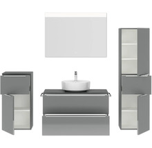 Badmöbel-Set NOBILIA Programm 3 BxHxT 210 x 169,1 x 48,7 cm Frontfarbe grau hochglanz mit Aufsatz-Waschtisch weiß und Spiegel mit LED-Beleuchtung Midischrank Unterschrank Griffleiste chrom matt 468