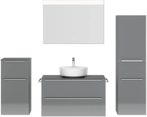 Set de meubles de salle de bains NOBILIA Programm 3 lxhxp 210 x 169,1 x 48,7 cm couleur de façade gris haute brillance avec vasque à poser blanc et miroir avec éclairage LED armoire midi meuble bas barre de prise chrome mat 468