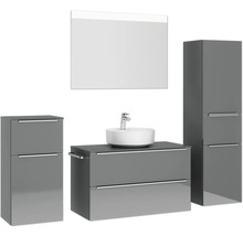 Badmöbel-Set NOBILIA Programm 3 BxHxT 210 x 169,1 x 48,7 cm Frontfarbe grau hochglanz mit Aufsatz-Waschtisch weiß und Spiegel mit LED-Beleuchtung Midischrank Unterschrank Griffleiste chrom matt 468