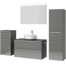 Modernes Badezimmerset mit Waschtisch, Spiegel, Aufsatzwaschbecken und Hochschränken