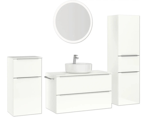 Ensemble de salle de bains avec meuble-lavabo, vasque à poser, armoire de toilette et armoire haute pour une ambiance claire et organisée.
