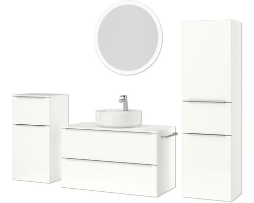 Ensemble de salle de bains avec meuble-lavabo, vasque à poser, armoire de toilette et armoire haute