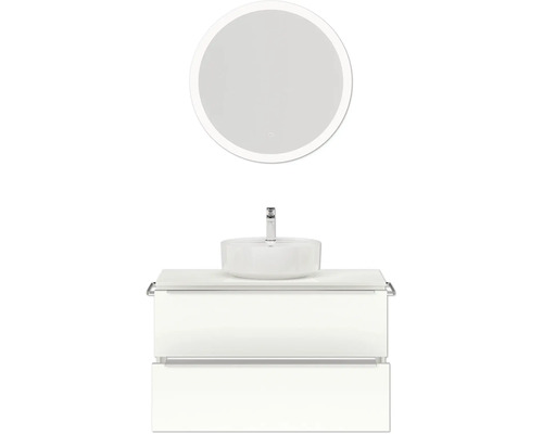 Salle de bain avec meuble sous-lavabo, vasque à poser et miroir rond avec éclairage