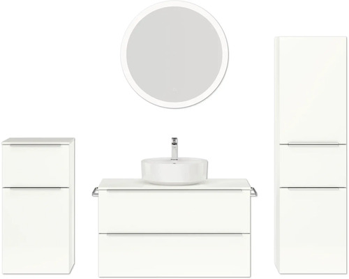 Set de meubles de salle de bains NOBILIA Programm 3 lxhxp 210 x 169,1 x 48,7 cm couleur de façade blanc haute brillance avec vasque à poser blanc et miroir rond avec éclairage LED armoire midi meuble bas poignée barre chrome mat 482