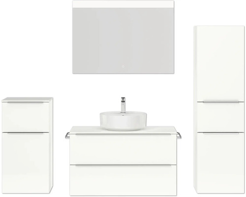 Set de meubles de salle de bains NOBILIA Programm 3 lxhxp 210 x 169,1 x 48,7 cm couleur de façade blanc haute brillance avec vasque à poser blanc et miroir avec éclairage LED armoire midi meuble bas barre de prise chrome mat 466