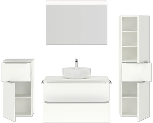 Ensemble de salle de bains avec meuble-lavabo, vasque à poser, armoire de toilette et armoires hautes