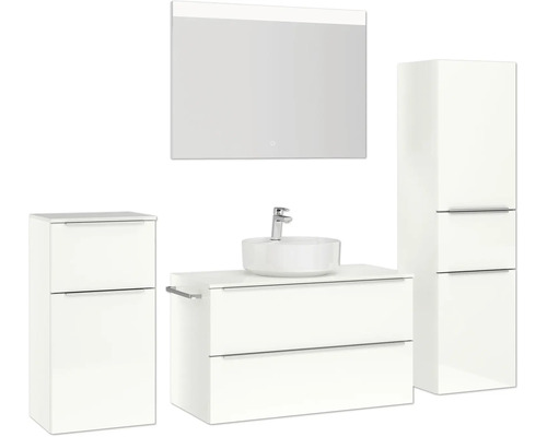 Ensemble de salle de bains avec meuble sous-lavabo, lavabo à poser, armoire de toilette et armoire haute