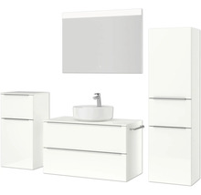 Badmöbel-Set NOBILIA Programm 3 BxHxT 210 x 169,1 x 48,7 cm Frontfarbe weiß hochglanz mit Aufsatz-Waschtisch weiß und Spiegel mit LED-Beleuchtung Midischrank Unterschrank Griffleiste chrom matt 466