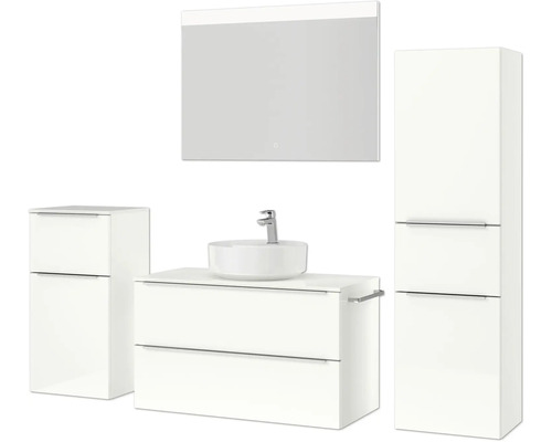 Ensemble de salle de bains avec meuble-lavabo, vasque à poser, armoire de toilette et armoire haute