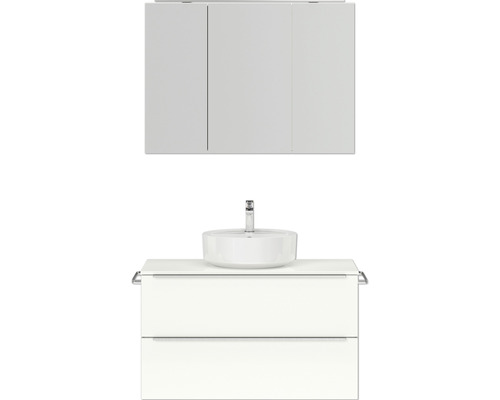 Set de meubles de salle de bains NOBILIA Programm 3 lxhxp 101 x 169,1 x 48,7 cm couleur de façade blanc haute brillance avec vasque à poser et armoire de toilette à 3 portes avec éclairage LED barre de prise chrome mat 450