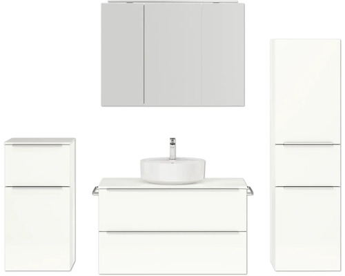 Set de meubles de salle de bains NOBILIA Programm 3 lxhxp 210 x 169,1 x 48,7 cm couleur de façade blanc haute brillance avec vasque à poser et armoire de toilette à 3 porte avec éclairage LED meuble bas armoire midi barre de prise chrome mat 474