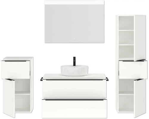 Ensemble de salle de bains avec meuble-lavabo, miroir, lavabo et armoires de rangement