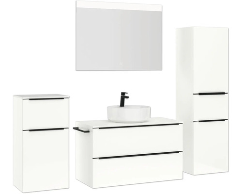 Ensemble de salle de bains avec meuble-lavabo, lavabo, armoire de toilette et armoire haute