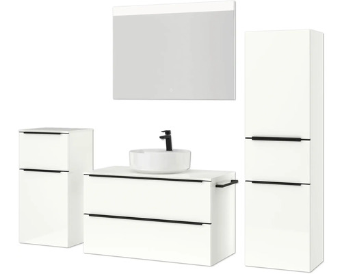 Ensemble de salle de bains avec meuble-lavabo, lavabo, armoire de toilette et armoire haute