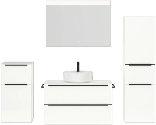 Set de meubles de salle de bains NOBILIA Programm 3 lxhxp 210 x 169,1 x 48,7 cm couleur de façade blanc haute brillance avec vasque à poser blanc et miroir avec éclairage LED armoire midi meuble bas barre de prise noire 467