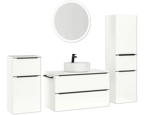 Badezimmerensemble mit Waschtisch, Aufsatzwaschbecken, Spiegel und Hochschrank
