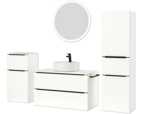 Badezimmerensemble mit Waschtisch, Aufsatzwaschbecken, Spiegelschrank und Hochschrank