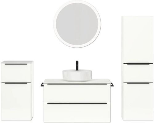 Set de meubles de salle de bains NOBILIA Programm 3 lxhxp 210 x 169,1 x 48,7 cm couleur de façade blanc haute brillance avec vasque à poser blanc et miroir rond avec éclairage LED armoire midi meuble bas barre de prise noire 483