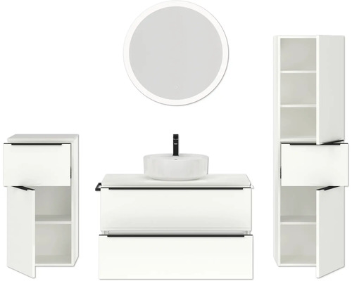 Badezimmer-Set mit Waschtisch, Waschbecken, Spiegelschrank und Hochschrank in modernem Design