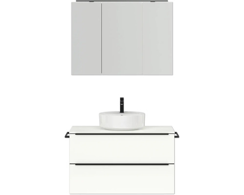 Badmöbel-Set NOBILIA Programm 3 BxHxT 101 x 169,1 x 48,7 cm Frontfarbe weiß hochglanz mit Aufsatz-Waschtisch und Spiegelschrank 3-türig mit LED-Beleuchtung Griffleiste schwarz 451