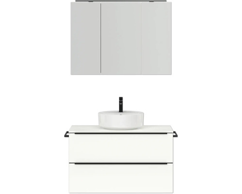 Set de meubles de salle de bains NOBILIA Programm 3 lxhxp 101 x 169,1 x 48,7 cm couleur de façade blanc haute brillance avec vasque à poser et armoire de toilette à 3 portes avec éclairage LED barre de prise noire 451