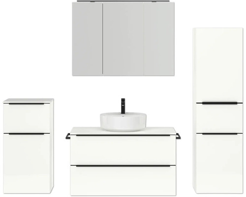 Set de meubles de salle de bains NOBILIA Programm 3 lxhxp 210 x 169,1 x 48,7 cm couleur de façade blanc haute brillance avec vasque à poser et armoire de toilette à 3 portes avec éclairage LED meuble bas armoire midi barre de prise noir 475