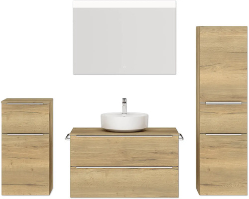 Set de meubles de salle de bains NOBILIA Programm 3 lxhxp 210 x 169,1 x 48,7 cm couleur de façade chêne naturel avec vasque à poser blanc et miroir avec éclairage LED armoire midi meuble bas barre de prise chrome mat 470