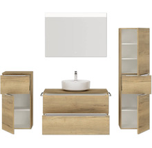 Badmöbel-Set NOBILIA Programm 3 BxHxT 210 x 169,1 x 48,7 cm Frontfarbe eiche natur mit Aufsatz-Waschtisch weiß und Spiegel mit LED-Beleuchtung Midischrank Unterschrank Griffleiste chrom matt 470