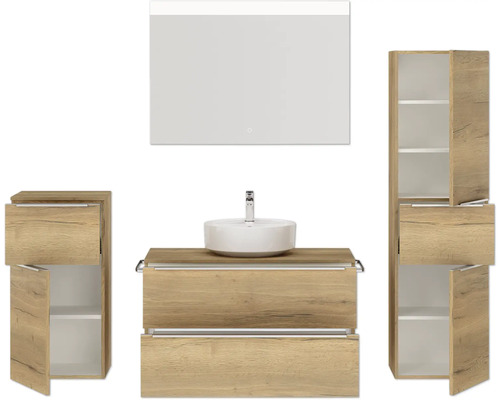 Komplettes Badezimmerset mit Waschtisch, Spiegel und Schränken zur Badezimmerausstattung