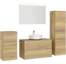 Badmöbel-Set NOBILIA Programm 3 BxHxT 210 x 169,1 x 48,7 cm Frontfarbe eiche natur mit Aufsatz-Waschtisch weiß und Spiegel mit LED-Beleuchtung Midischrank Unterschrank Griffleiste chrom matt 470