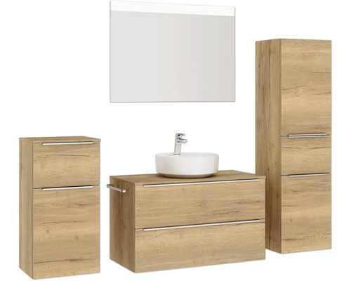 Badezimmer-Set mit Waschtisch, Aufsatzwaschbecken, Spiegelschrank und Seitenschränken im Holzdesign