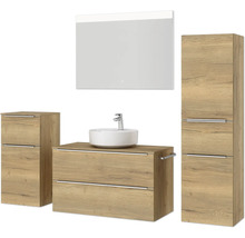 Badmöbel-Set NOBILIA Programm 3 BxHxT 210 x 169,1 x 48,7 cm Frontfarbe eiche natur mit Aufsatz-Waschtisch weiß und Spiegel mit LED-Beleuchtung Midischrank Unterschrank Griffleiste chrom matt 470