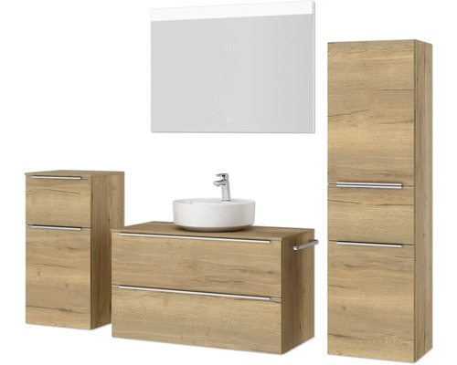 Badezimmerensemble mit Waschtisch, Spiegel, Unterschrank und Hochschrank