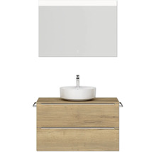 Badmöbel-Set NOBILIA Programm 3 BxHxT 101 x 169,1 x 48,7 cm Frontfarbe eiche natur mit Aufsatz-Waschtisch weiß und Spiegel mit LED-Beleuchtung Griffleiste chrom matt 446