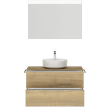 Badmöbel-Set NOBILIA Programm 3 BxHxT 101 x 169,1 x 48,7 cm Frontfarbe eiche natur mit Aufsatz-Waschtisch weiß und Spiegel mit LED-Beleuchtung Griffleiste chrom matt 446