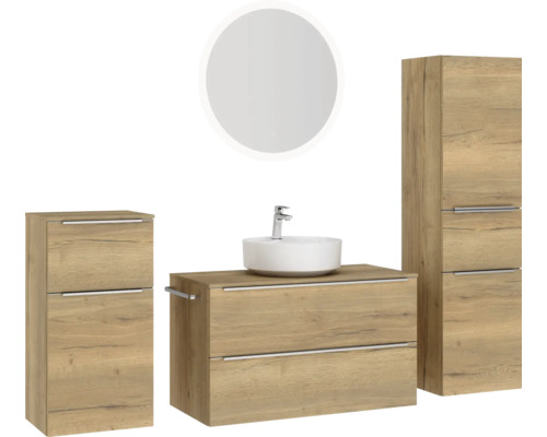 Badezimmer-Set mit Waschtischunterschrank, Aufsatzwaschbecken, Spiegelschrank und Hochschrank
