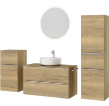 Badmöbel-Set NOBILIA Programm 3 BxHxT 210 x 169,1 x 48,7 cm Frontfarbe eiche natur mit Aufsatz-Waschtisch weiß und Spiegel rund mit LED-Beleuchtung Midischrank Unterschrank Griffleiste chrom matt 486