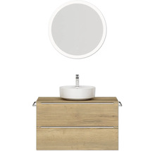 Badmöbel-Set NOBILIA Programm 3 BxHxT 101 x 169,1 x 48,7 cm Frontfarbe eiche natur mit Aufsatz-Waschtisch weiß und Spiegel rund mit LED-Beleuchtung Griffleiste chrom matt 462