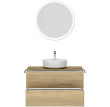 Badmöbel-Set NOBILIA Programm 3 BxHxT 101 x 169,1 x 48,7 cm Frontfarbe eiche natur mit Aufsatz-Waschtisch weiß und Spiegel rund mit LED-Beleuchtung Griffleiste chrom matt 462