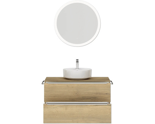 Ensemble de meubles de salle de bains avec miroir rond, lavabo à poser et meuble sous-lavabo