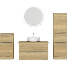 Badmöbel-Set NOBILIA Programm 3 BxHxT 210 x 169,1 x 48,7 cm Frontfarbe eiche natur mit Aufsatz-Waschtisch weiß und Spiegel rund mit LED-Beleuchtung Midischrank Unterschrank Griffleiste chrom matt 486