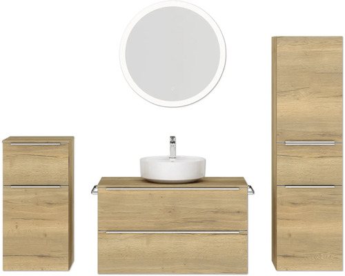 Set de meubles de salle de bains NOBILIA Programm 3 lxhxp 210 x 169,1 x 48,7 cm couleur de façade chêne naturel avec vasque à poser blanc et miroir rond avec éclairage LED armoire midi meuble bas barre de prise chrome mat 486