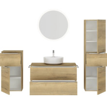 Badmöbel-Set NOBILIA Programm 3 BxHxT 210 x 169,1 x 48,7 cm Frontfarbe eiche natur mit Aufsatz-Waschtisch weiß und Spiegel rund mit LED-Beleuchtung Midischrank Unterschrank Griffleiste chrom matt 486